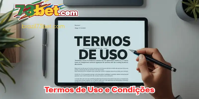 Create a 800x400 pixels photorealistic image (2:1 aspect ratio). A close-up, top-down shot (flat lay) of a clean, modern desk. On the desk, a tablet screen clearly displays a digital document with the large, bold title "TERMOS DE USO". Next to the tablet is a stylish pen. A young Brazilian person's hand (male or female) is visible, pointing to a specific clause in the document, symbolizing careful review of the agreement. The atmosphere is professional, serious, and legal.